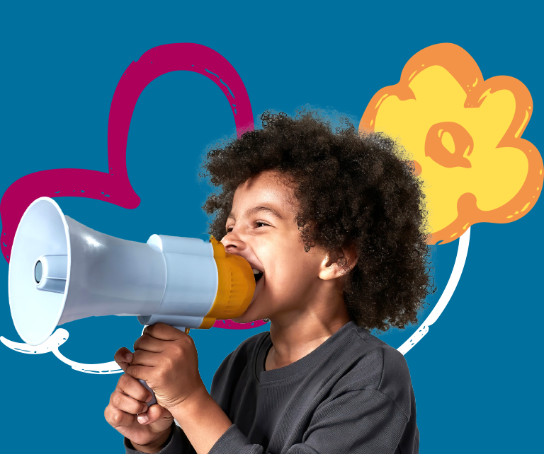 Young child talking into megaphone (stock photo)