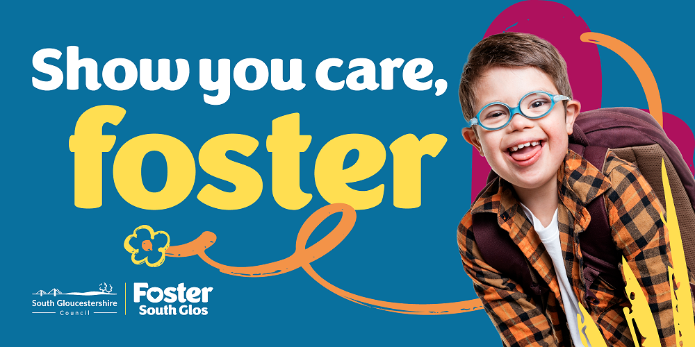 Info event promo banner with young smiling boy with blue glasses